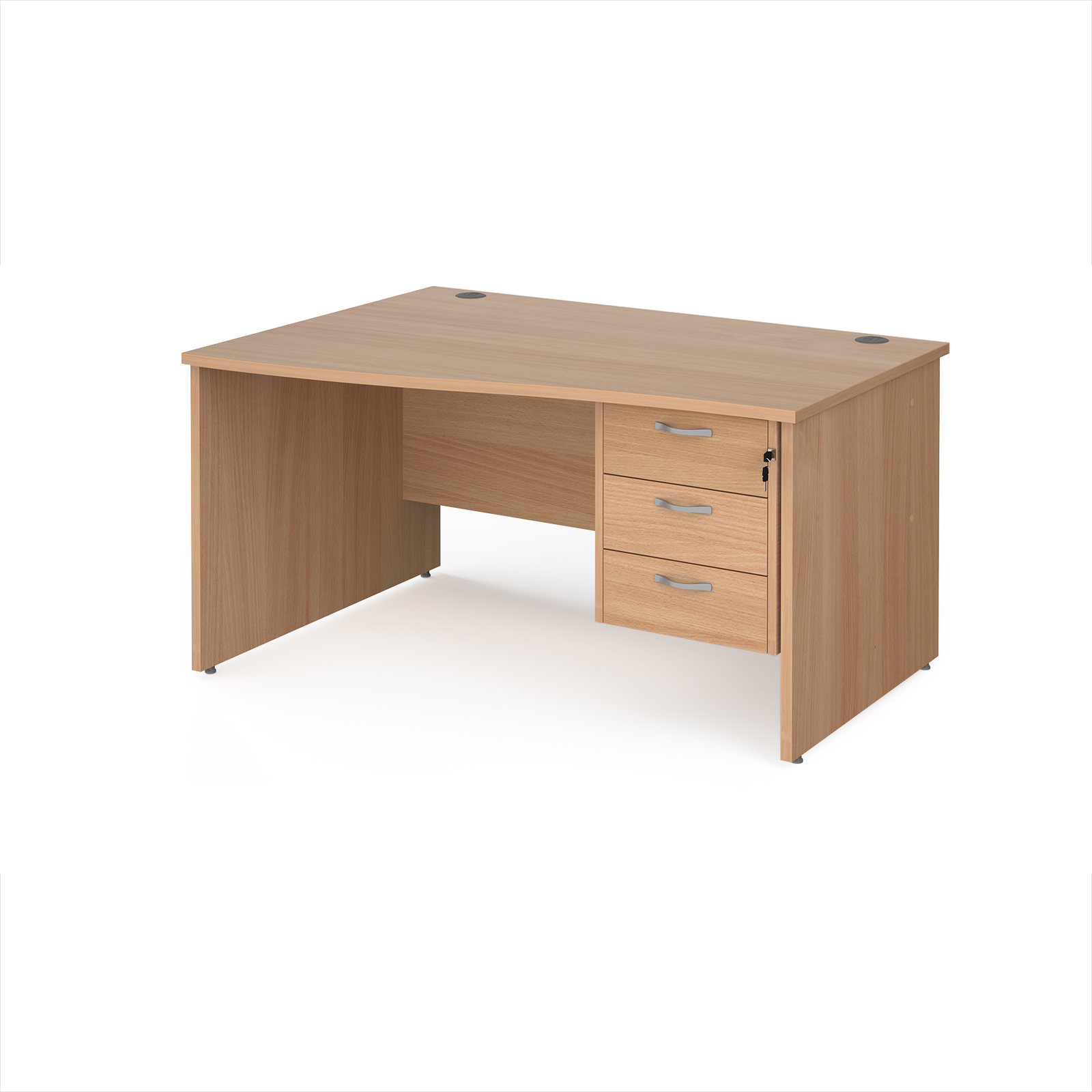 Maestro 25 panel end left hand wave desk with 3 drawer ped — Beech