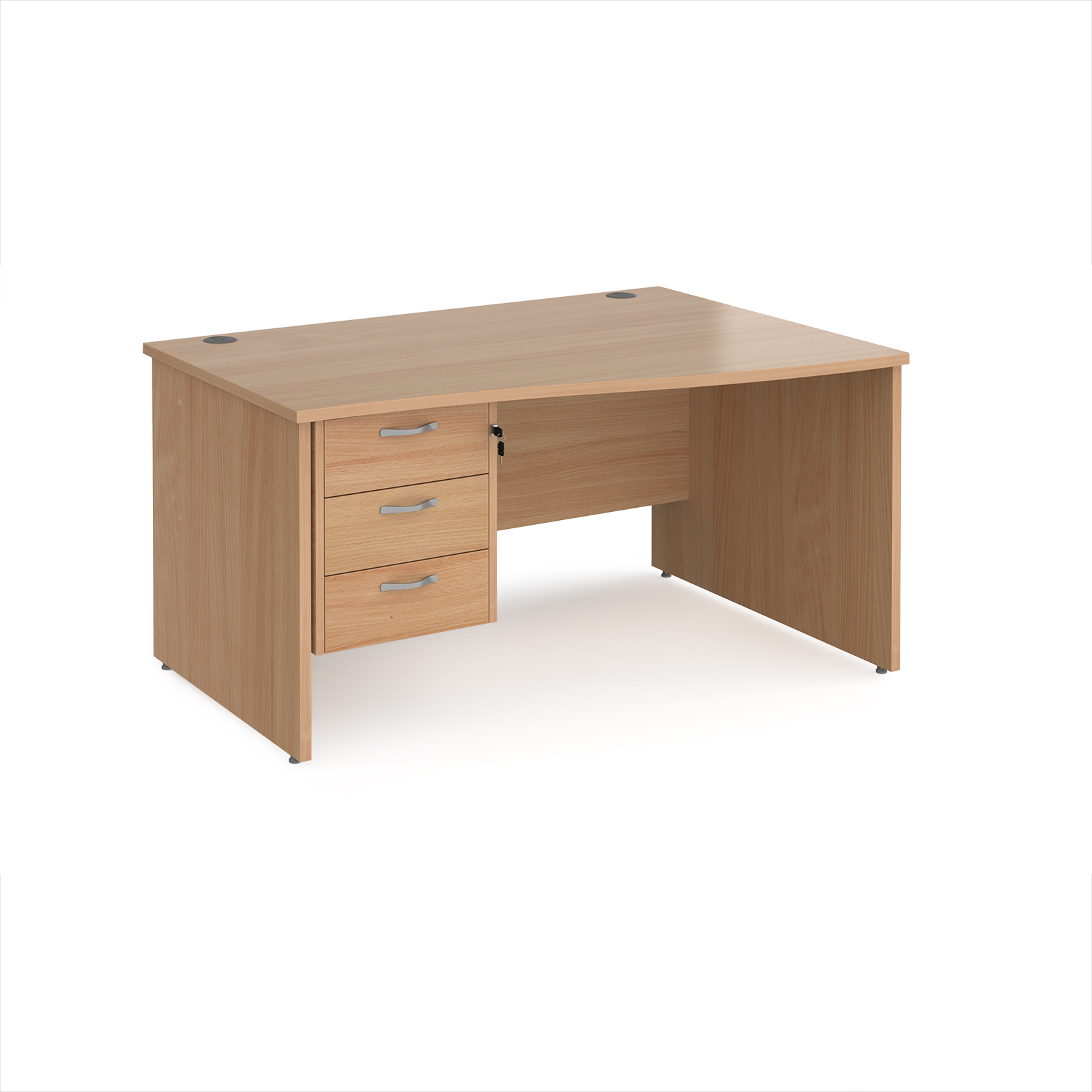 Maestro 25 panel end right hand wave desk with 3 drawer ped — Beech