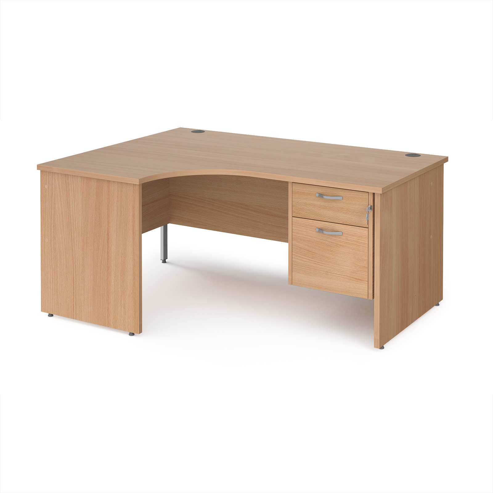 Maestro 25 panel end left hand ergonomic desk with 2 drawer ped — Beech