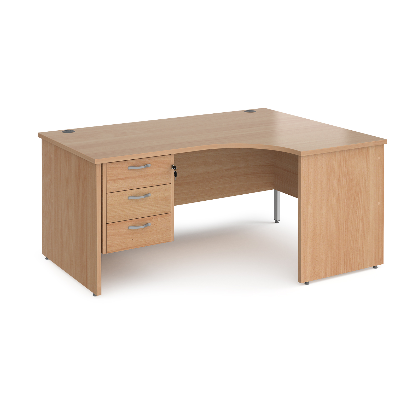 Maestro 25 panel end right hand ergonomic desk with 3 drawer ped — Beech