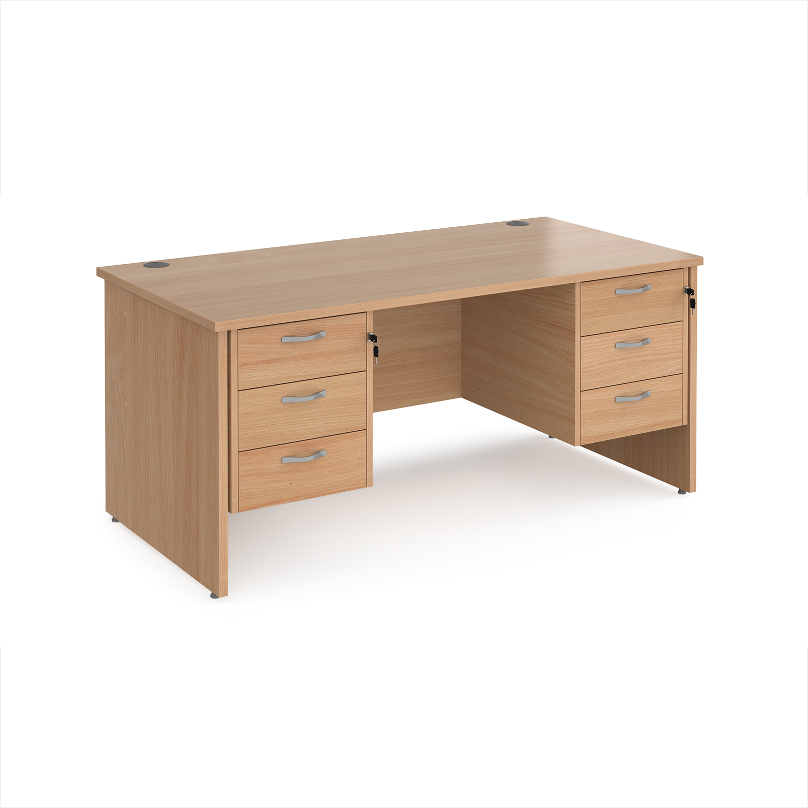 Maestro 25 panel end 800mm deep desk with 2 x 3 drawer peds — Beech