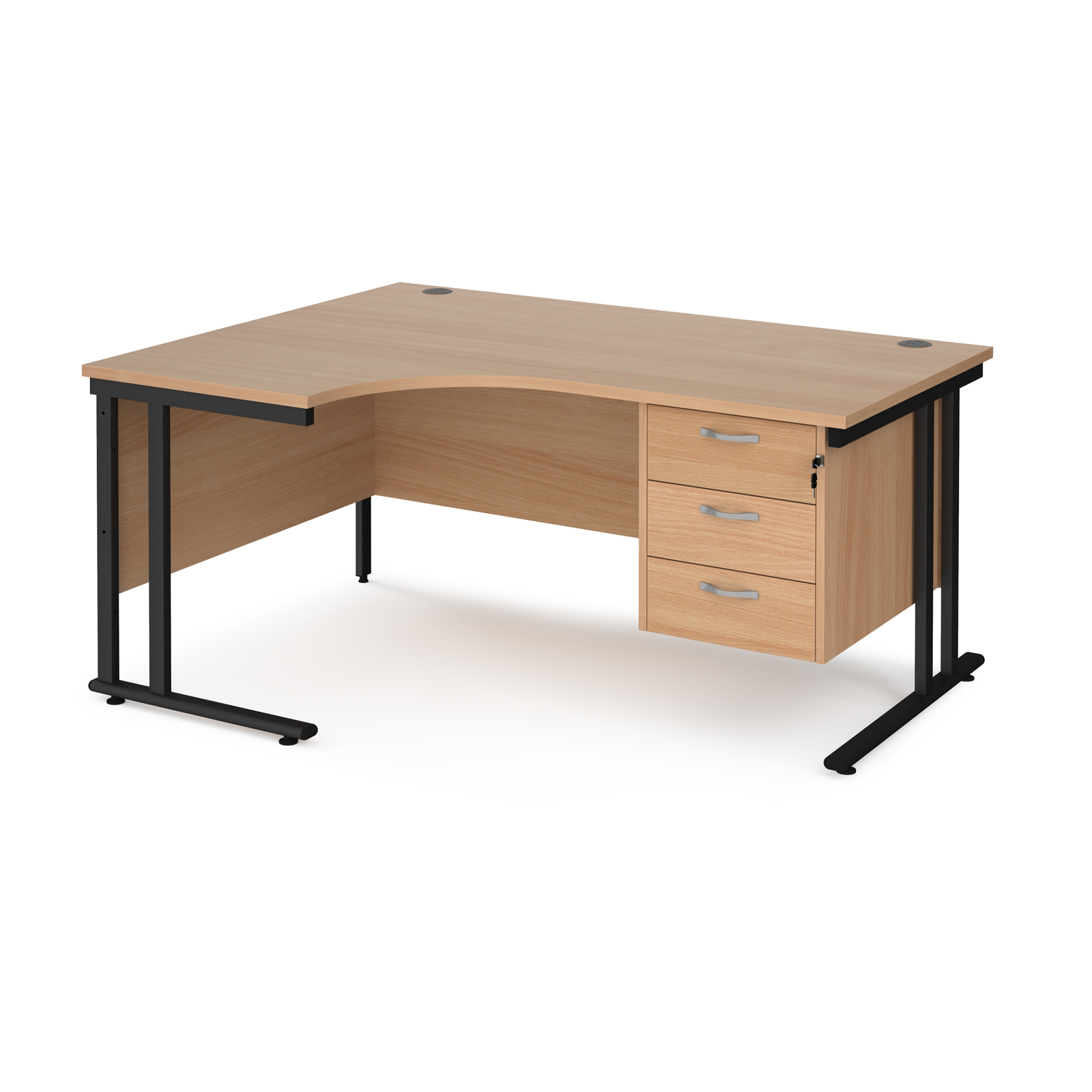 Maestro 25 cantilever left hand ergonomic desk with 3 drawer ped — Beech