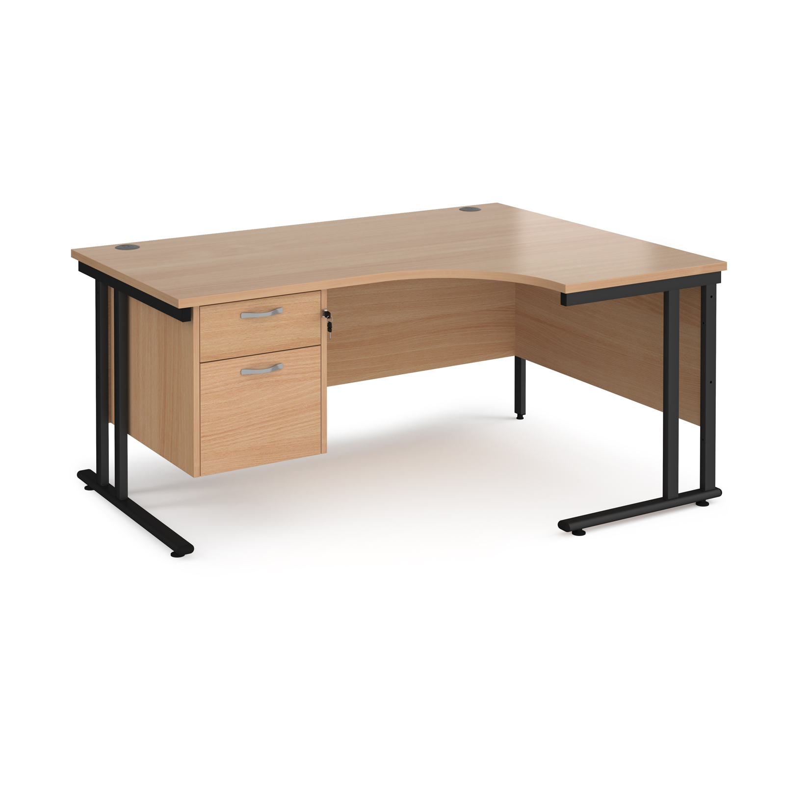 Maestro 25 cantilever right hand ergonomic desk with 2 drawer ped — Beech