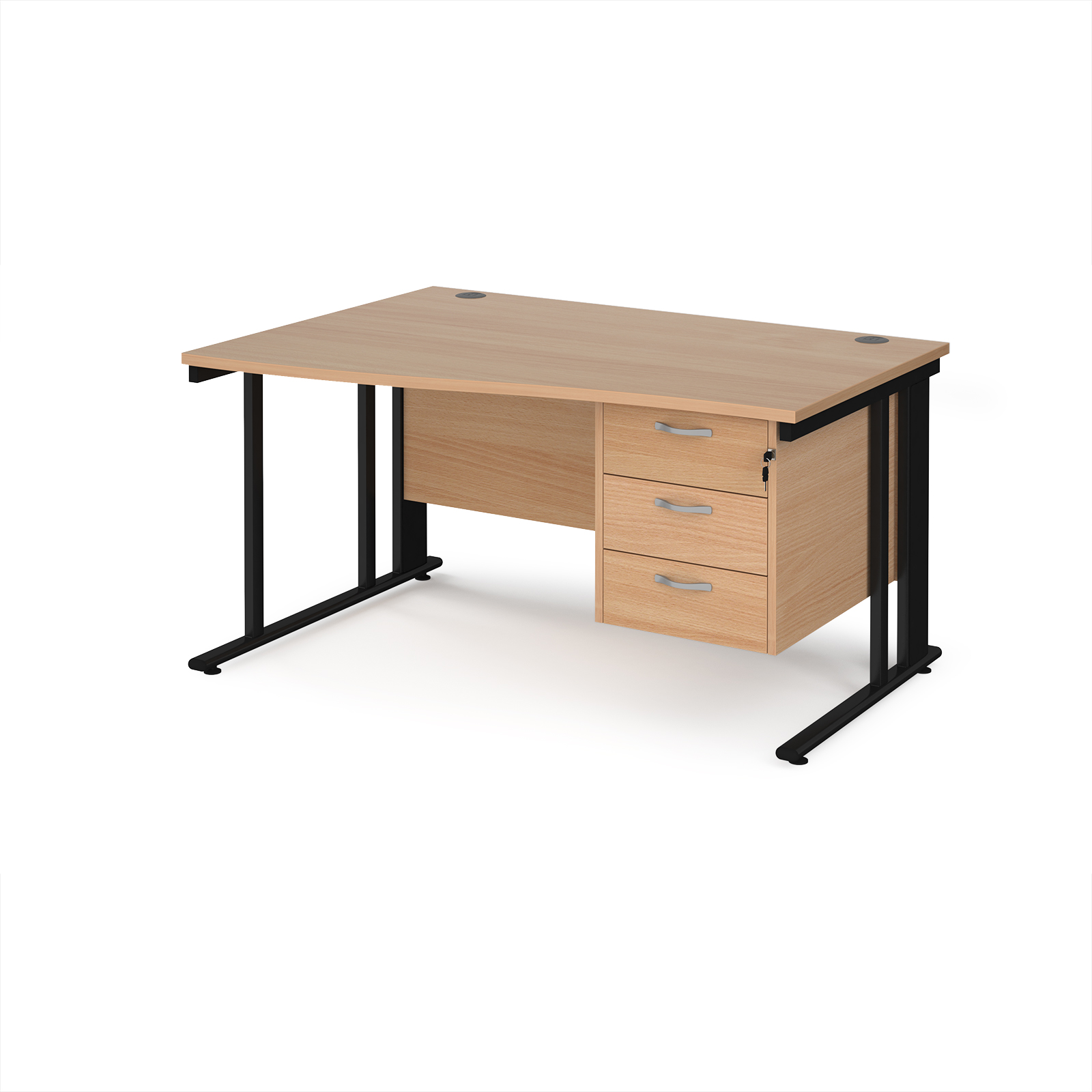 Maestro 25 cable managed left hand wave desk with 3 drawer ped — Beech