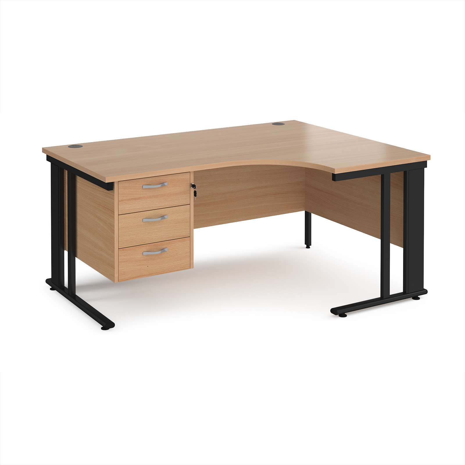 Maestro 25 cable managed right hand ergonomic desk with 3 drawer ped — Beech