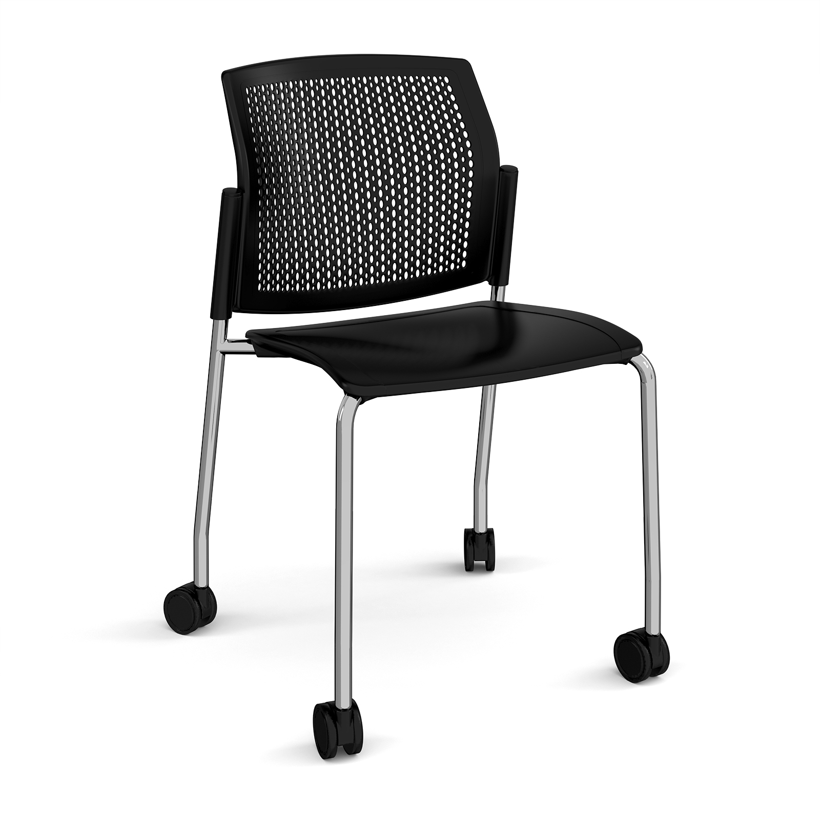 Santana 4 leg mobile chair with plastic seat and perforated back — Black