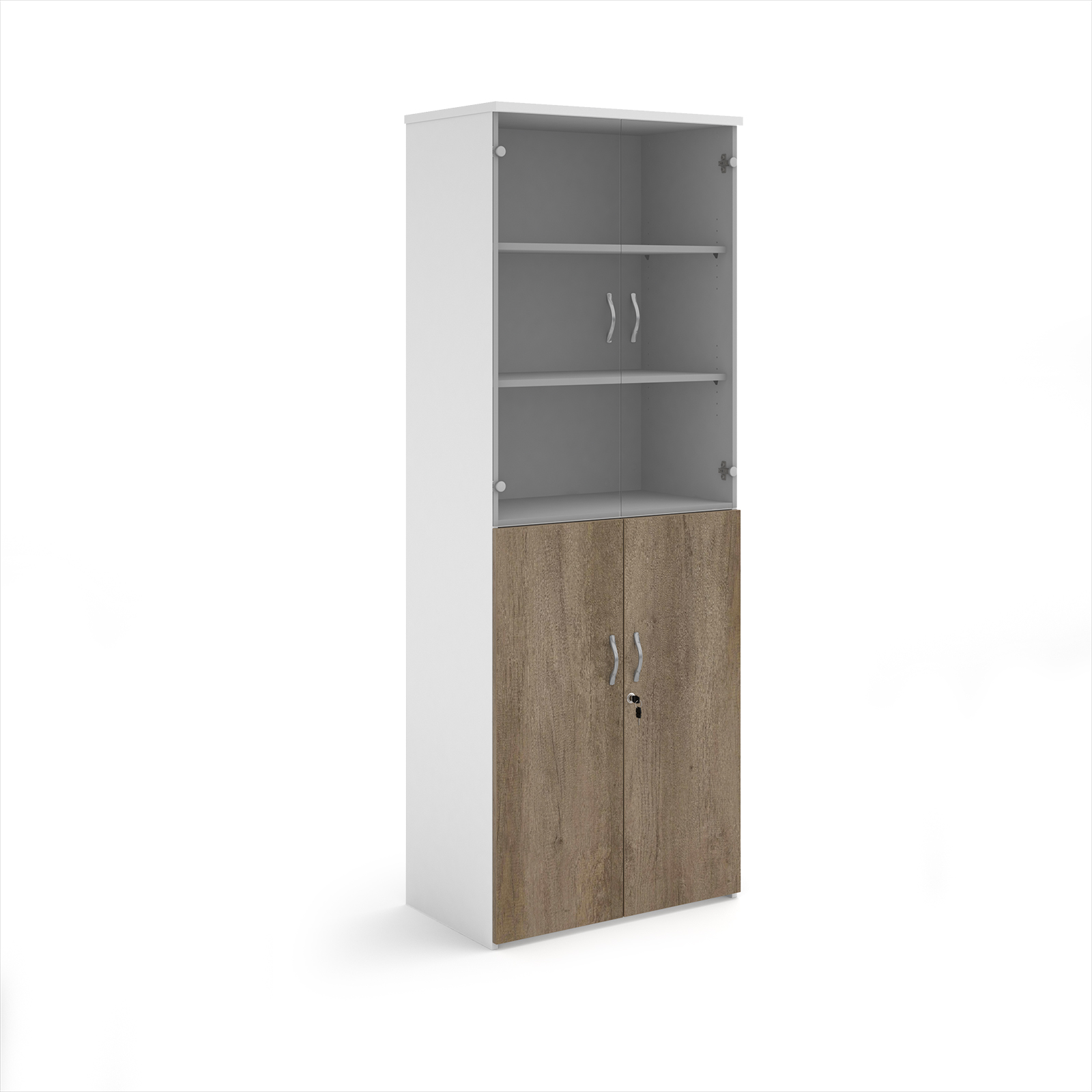 Duo combination unit with glass upper doors — Grey Nebraska Oak