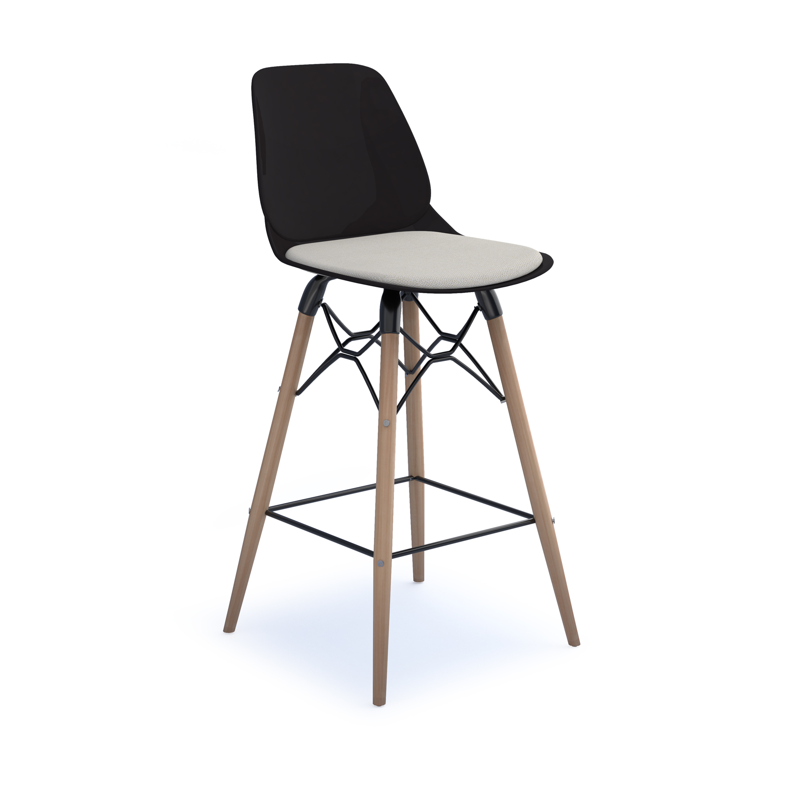 Strut stool with seat pad and natural oak frame — Black
