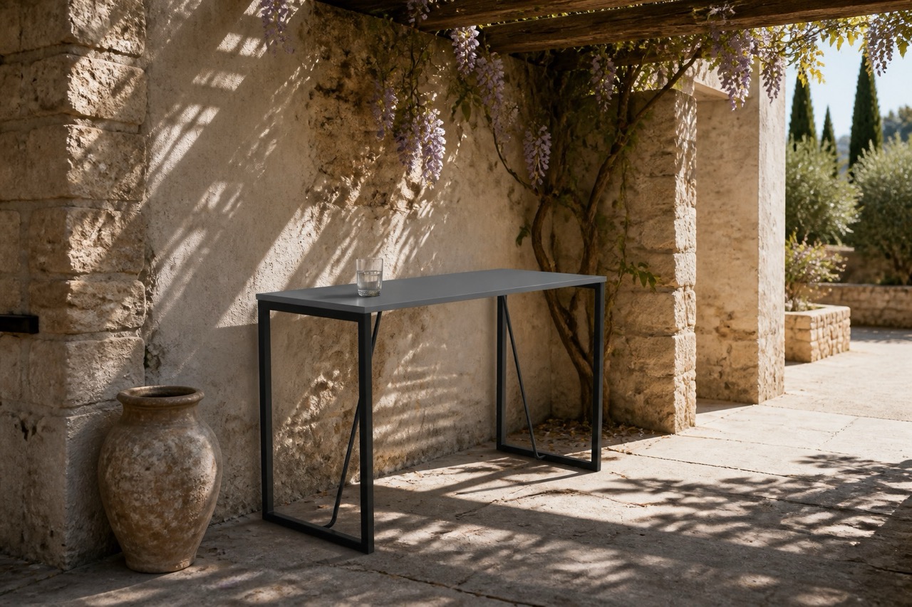 Axiom Outdoor Poseur Table in a warm contemporary interior