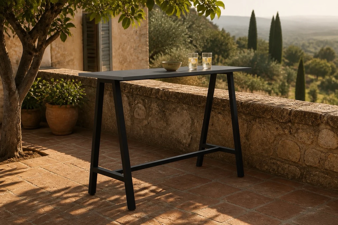 Apex Outdoor Poseur Table in a warm contemporary interior