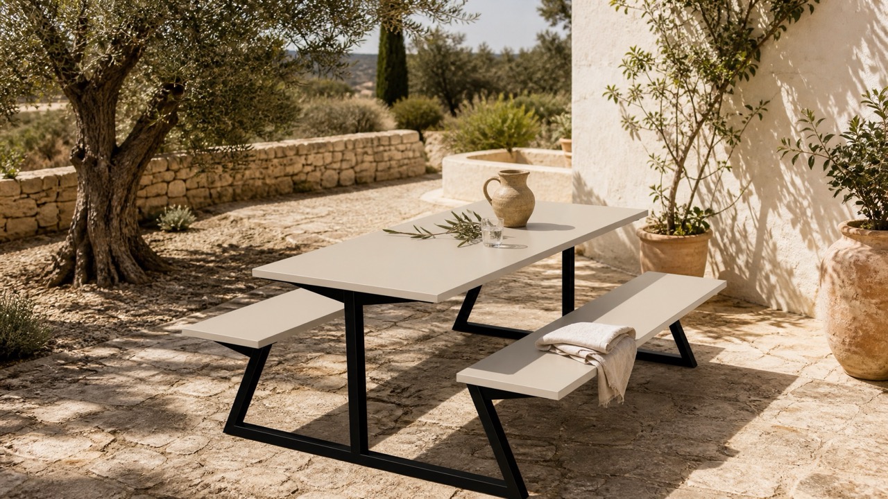 Nova Outdoor Table & Bench Set in a warm contemporary interior